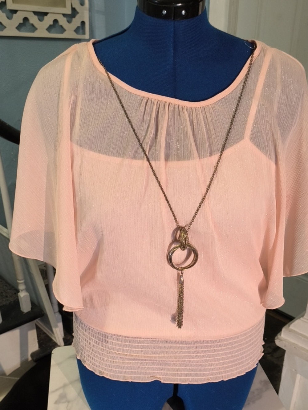 A Byer Delicate Pink Sheer Shirt With Layered Pendant Necklace